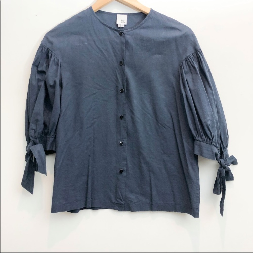 Iris & Ink Tie Bubble Sleeve Button Up Blouse Blue